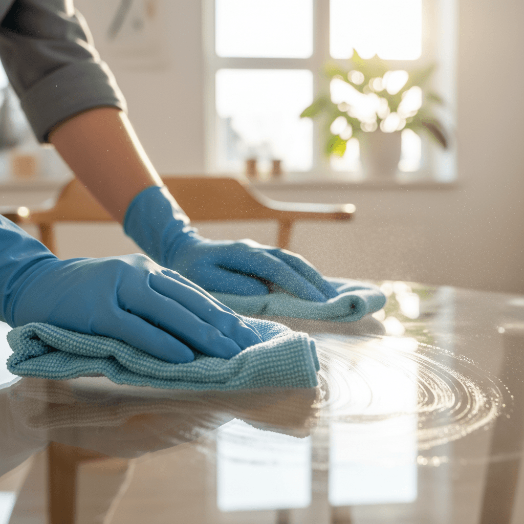 Pekerja cleaning profesional membersihkan meja kaca di ruang keluarga