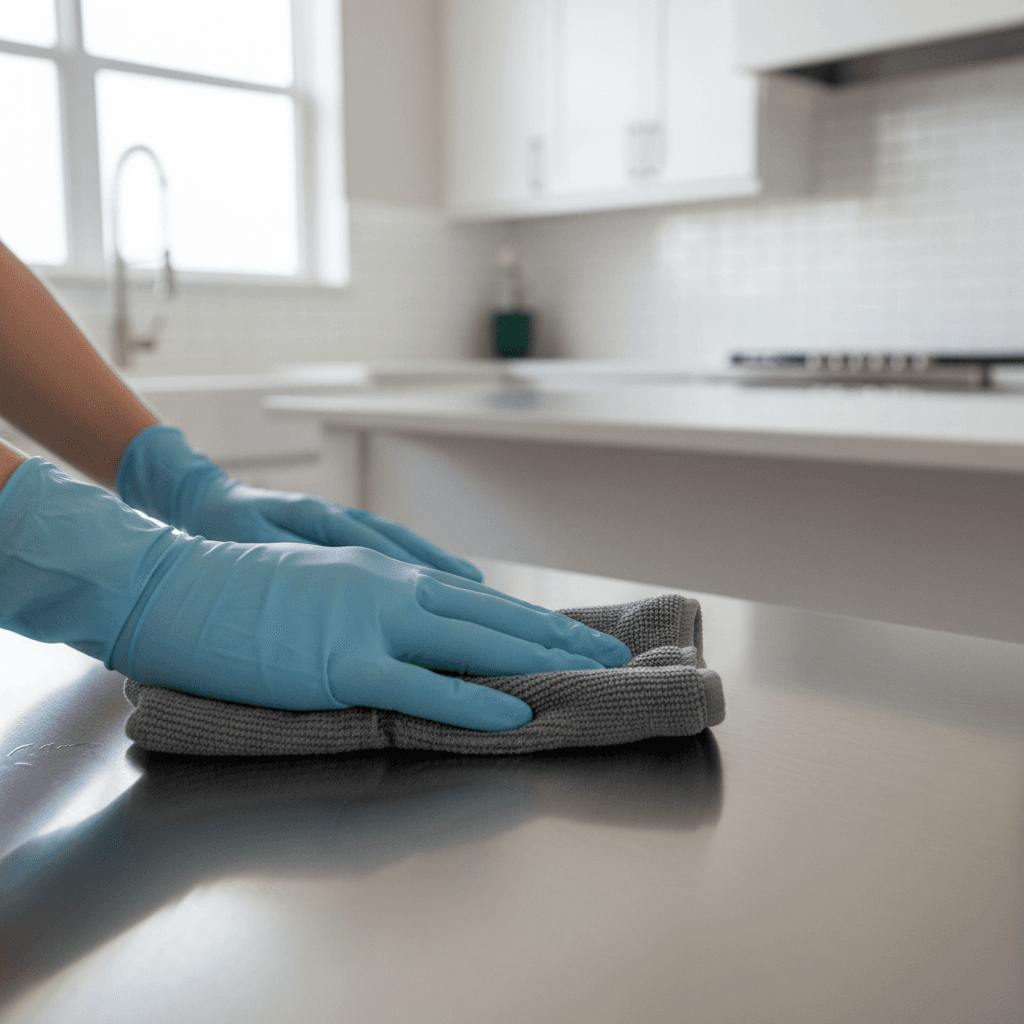 Tangan profesional membersihkan permukaan dapur dengan kain microfiber